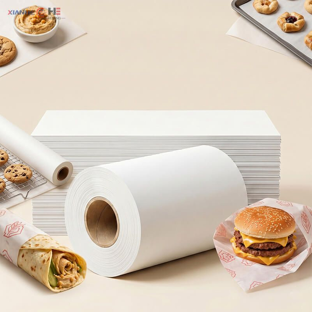 Rolos e folhas de papel vegetal de tamanho personalizado usados ​​para embrulhar fast food e hamb&uacute;rgueres.