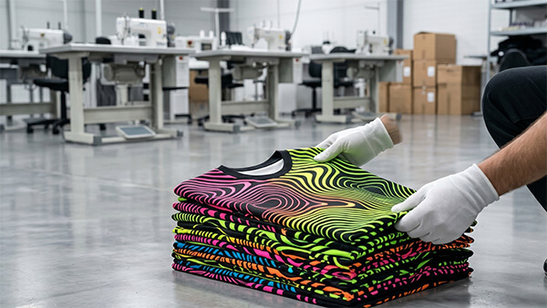 Pile de v&ecirc;tements personnalis&eacute;s aux couleurs vives imprim&eacute;s &agrave; l'aide de papier d'imprimante &agrave; sublimation l&eacute;ger pour chemises
