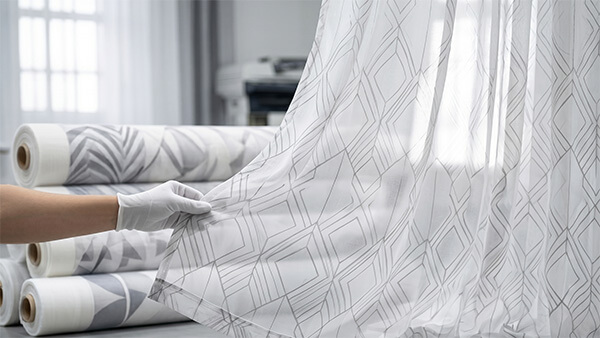 Travailleur inspectant des rideaux transparents imprim&eacute;s avec du papier de sublimation l&eacute;ger pour tissu